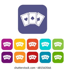 Three aces playing cards icons set vector illustration in flat style in colors red, blue, green, and other