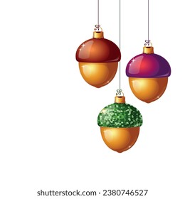 Three acorns on strings - a composition of glass Christmas tree decorations. Vector illustration, background on the theme of Christmas and New Year. Decor for New Year's holidays.