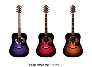 Three acoustic guitars on a white background