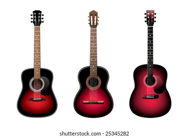 Three acoustic guitars on a white background