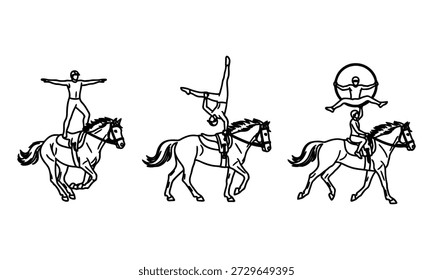 Three acrobats performing on horseback in different poses together