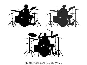 Ilustração de vetor de silhueta de três baterista de ação para design de fundo.