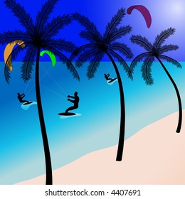 Three active kite surfing men at a tropical beach