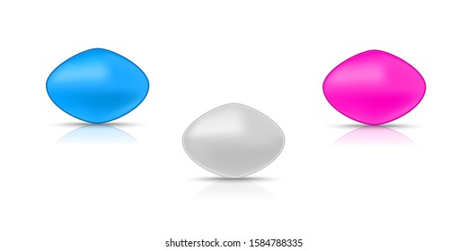 Three active pills for erection. Pink, blue and gray tablets.Vector illustration with shadow and reflection on white background.