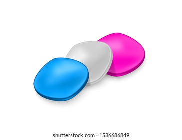 Three active pills for erection. Pink, blue and gray tablets.Vector illustration with shadow on white background.