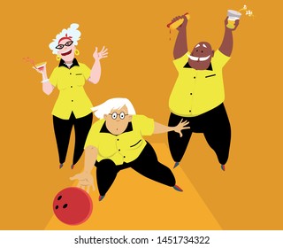 Three active seniors playing bowling, EPS 8 vector illustration
