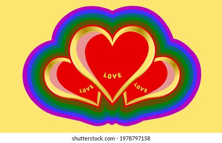 Three adjacent gold hearts. Creative love for logo design vector. Polyamory illustration.  
