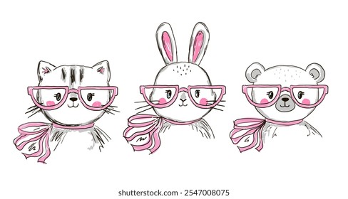 three adorable animal faces: a cat, a rabbit, and a bear, all wearing pink glasses and matching scarves. Their charming expressions and soft, minimalistic style add a playful and cute vibe.