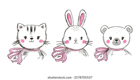 three adorable animal faces: a cat, a rabbit, and a bear, all wearing matching scarves. Their charming expressions and soft, minimalistic style add a playful and cute vibe.