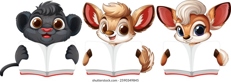 Three adorable animals enjoying books together