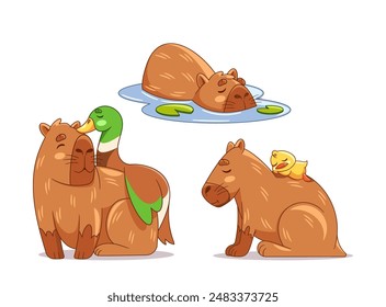 Three Adorable Capybaras Interacting With Ducks. One Capybara Is Sleeping In Water, Another Has A Duck On Its Back