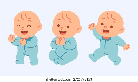 Three adorable cartoon babies demonstrating different developmental stages. They are standing, sitting, and taking joyful steps, all with happy expressions. This cheerful illustration captures early