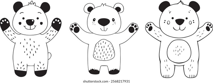 Three adorable cartoon bears waving, perfect for kids' books, cards, or designs.  Black and white line art.