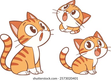 Three adorable cartoon cats with orange and white striped fur are depicted in various poses, all expressing surprise or excitement