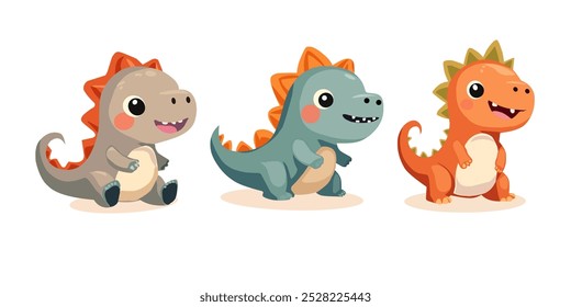 Three adorable cartoon dinosaurs with colorful scales and cheerful expressions. Perfect for children's illustrations, educational content, or playful designs related to dinosaurs or prehistory.






