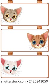 Three adorable cartoon kittens with empty signs