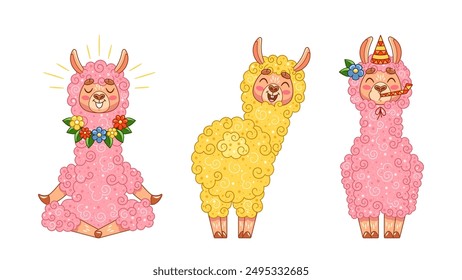 Three Adorable Cartoon Llamas In Various Playful Poses. One Is Meditating, Another Is Standing Happily