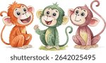 Three adorable cartoon monkeys in orange, green and pink watercolor art. Perfect for kids' products.