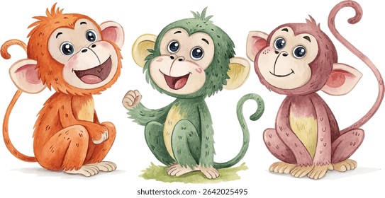 Three adorable cartoon monkeys in orange, green and pink watercolor art. Perfect for kids' products.