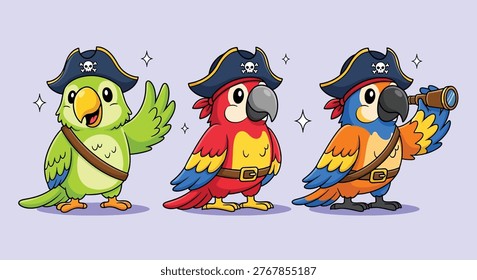 Three adorable cartoon parrots dressed as pirates with hats and sashes one holding a spyglass