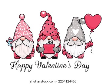 Three adorable cartoon valentine gnomes holding valentine gifts. Vector illustration. Isolated on white background