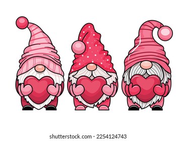 Three adorable cartoon valentine gnomes holding hearts. Vector illustration. Isolated on white background