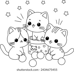 Three adorable cats are playing with balls coloring page. Doodle cartoon style.