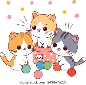 Three adorable cats are playing with balls illustration. Doodle cartoon style.