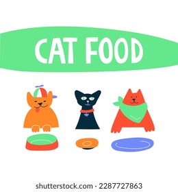 Three adorable cats are sit and waiting for food. Hand drawn cartoon flat vector illustration. Cat feeding, cat food banner with lettering.