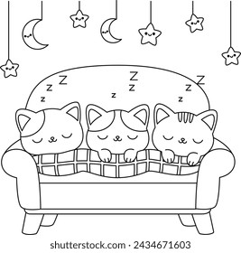 Three adorable cats are sleeping on a sofa coloring page. Doodle cartoon style.