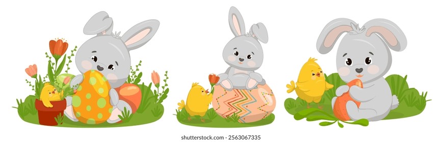 Three adorable children s illustrations with a bunny, a chick, painted eggs in a basket and spring flowers. Easter scenes. Vector illustration for a poster, greeting card or invitation, labels or tags