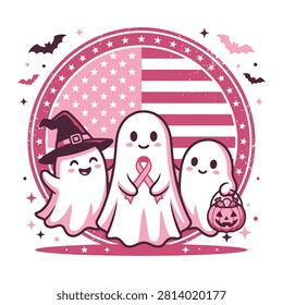 Three adorable ghosts with a pumpkin bucket and pink awareness ribbon on a patriotic circular background