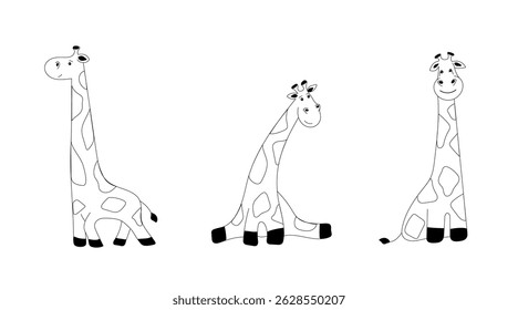 Three adorable giraffes presented in line art, each showcasing a unique pose and expression