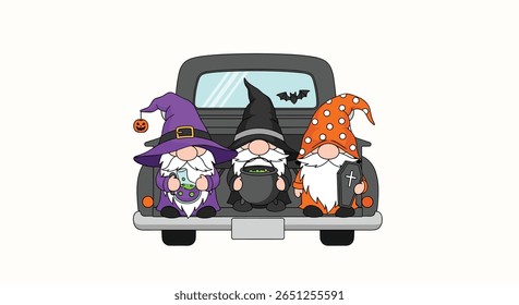Três adoráveis gnomos de halloween andando na parte de trás de uma caminhonete