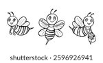 Three adorable hand-drawn cartoon bees in different poses, vector character.