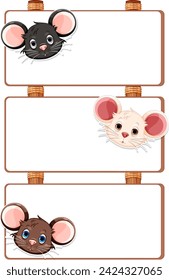Three adorable mouse faces on label frames