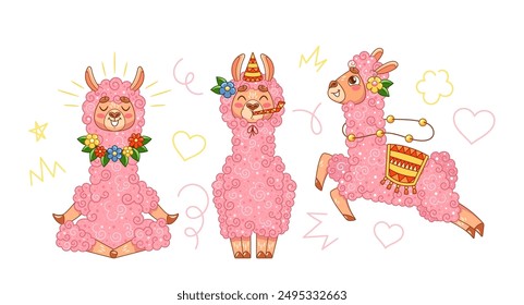 Drei entzückende rosa Lamas mit verschiedenen Dekorationen, darunter Blumen und Partyaccessoires. Fröhliche Cartoon Lamas