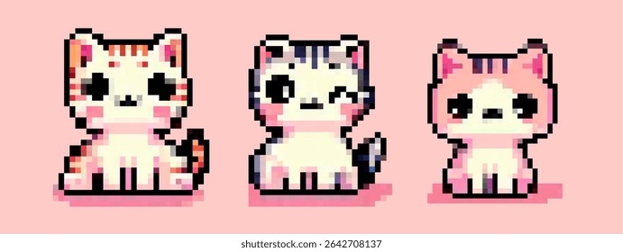 Three adorable pixel art kittens are shown on a pink background, using the currently popular kawaii-pixel style. Soft pastel pink, cream, and brown hues, simple square shapes give a cute retro vibe.