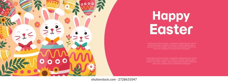 Tres conejos adorables que llevan pajaritas con huevos y plantas en rosa