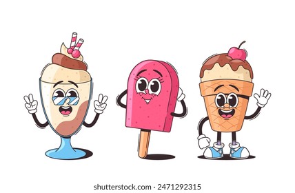 Tres Adorables Personajes De Dibujos Animados Retro, Helado Y Pastel En Estilo Lúdico. Vector Personajes Expresan Felicidad