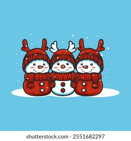 Three adorable snowmen are standing in the snow, dressed in warm red clothing a christmas