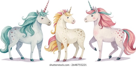 Três unicórnios adoráveis com crinas e caudas de cor pastel, decorados com estrelas e corações. Estilo de aquarela.