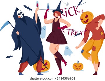 Three adults dressed in Halloween costumes celebrate with drinks. Two in witch and pumpkin outfits, one as a grim reaper with scythe, vector illustration. Halloween party, festive costumes, joyful