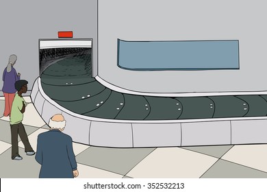Three adults waiting at baggage claim area with empty carousel