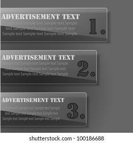 Three advertisement glossy tabs with text