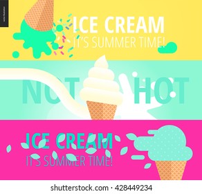 Three advertising banner templates - set of yellow, mint and purple magenta advertising header templates with illustartion and title on ice cream summer theme. Titles Its Summer Time and Not Hot