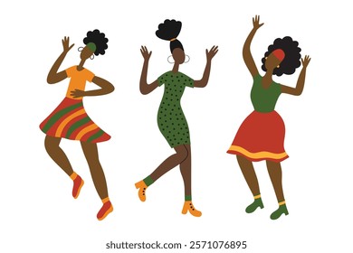 Three African American Women Dancing and Celebrating. Simple hand drawn flat vector illustration, limited color palette. Design elements for Black History Month, Juneteenth, Kwanzaa