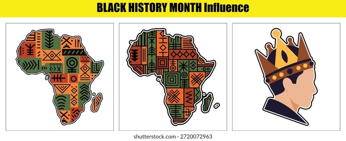 Três do continente africano preenchidos com padrões geométricos, um perfil coroado, e
