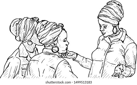 Three African ladies wearing the traditional head wrap having a conversation. Hand drawn vector illustration. 