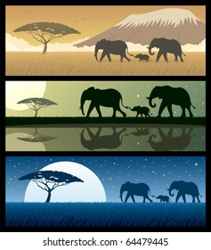 Three African landscapes with elephants.